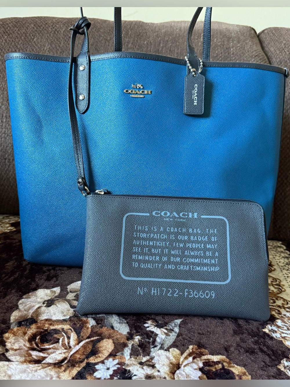 COACH Blue Reversible Tote Bag With A Removable Pouch